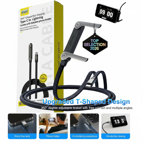 Cable de Carga Rápida 2-en-1 De 240 W con soporte para teléfono, tres tipos de conectores, cables de nailon anti enredos de 1.5 M , compatibilidad universal (tipo C a Lightning)