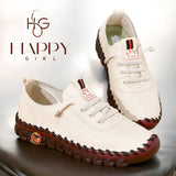 Zapatos mujer casual crema con suela marron y pespunte trenzado plantilla acolchada y logo Happy Girl
