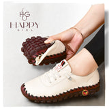 Happy Girl zapatillas mujer beige de cuero flexibles con suela marron antideslizante y cosido visible para caminar