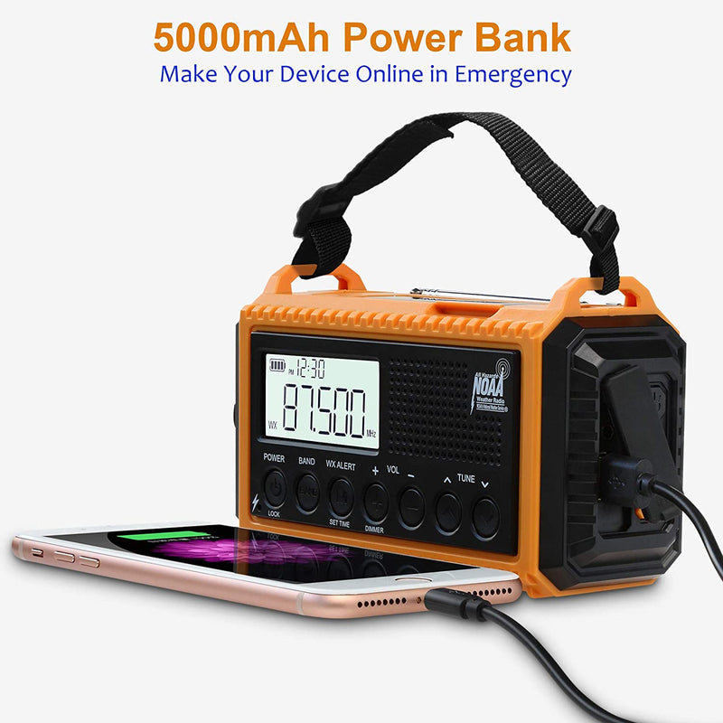Emergency Solar Hand Crank Portable Radio, AM/FM/SW/NOAA , 5000mAh Cell Phone Charger, SOS Alert for Outdoor