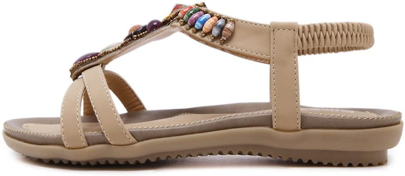 Sandalias de playa para mujer. Bohemia Summer Beach Flats Sandalia cómoda con correa en el tobillo y cuentas.