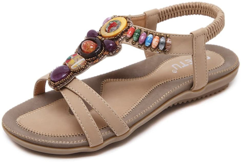 Sandalias de playa para mujer. Bohemia Summer Beach Flats Sandalia cómoda con correa en el tobillo y cuentas.