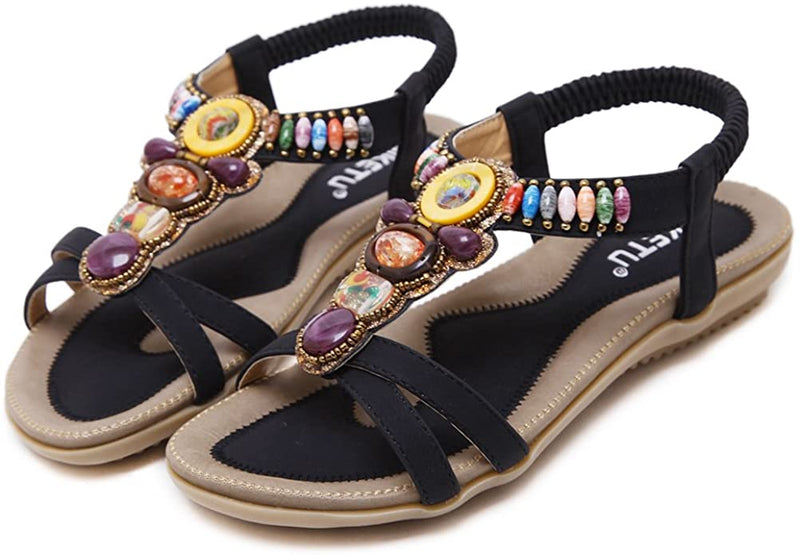 Sandalias de playa para mujer. Bohemia Summer Beach Flats Sandalia cómoda con correa en el tobillo y cuentas.