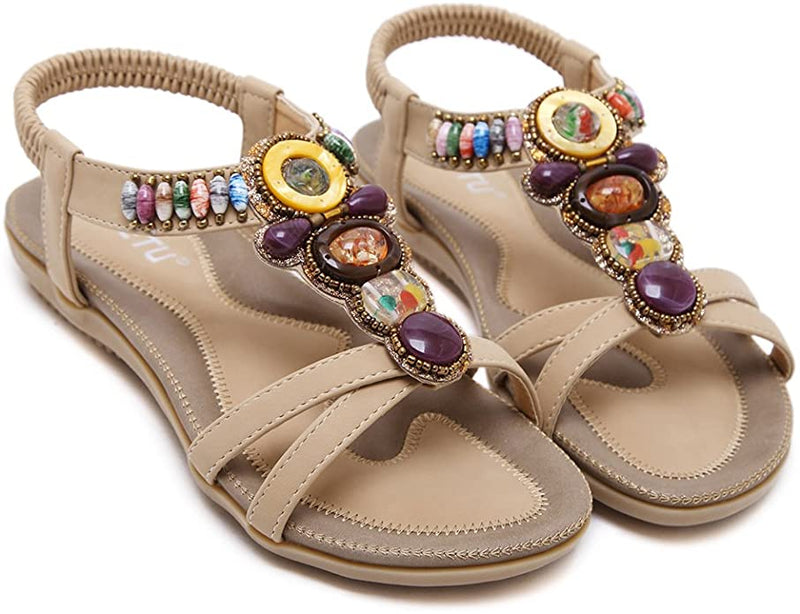 Sandalias de playa para mujer. Bohemia Summer Beach Flats Sandalia cómoda con correa en el tobillo y cuentas.