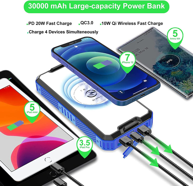 30000 mAh Wireless Qi Fast Charge Solar Charger Power Bank 