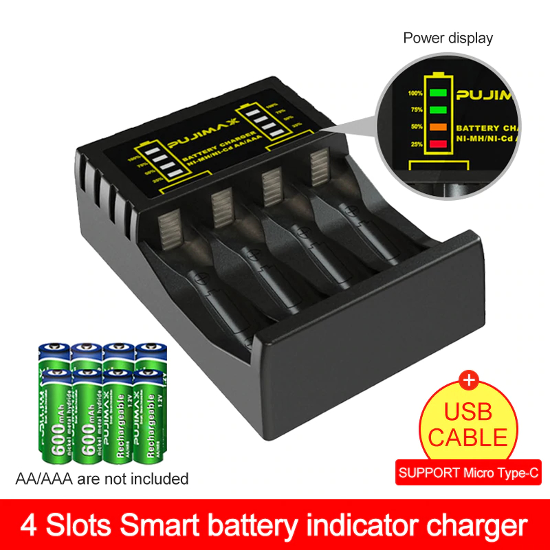 Cargador USB de baterías  4 ranuras para batería recargable AAA / AA Protección contra cortocircuitos con indicador LED Cargador de Ni-MH / Ni-Cd