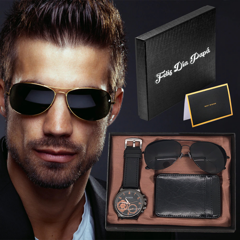 Regalo para Hombre , Reloj Cuarzo Premium, gafas de sol, cartera y tarjeta, todo esto en una caja de regalo de cuero súper elegante.