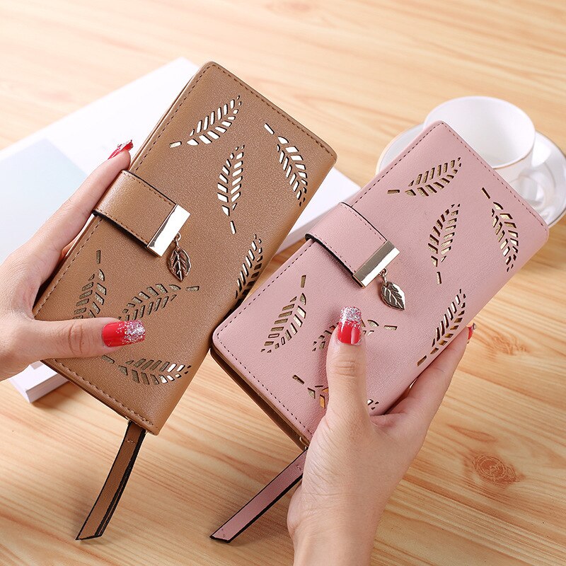 Solid purse Long Fringed Hollow Leaf Leather Card Wallet