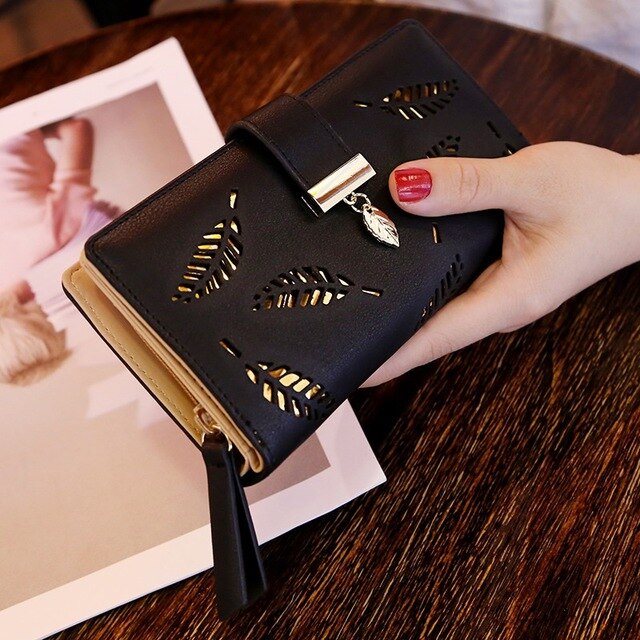 Solid purse Long Fringed Hollow Leaf Leather Card Wallet