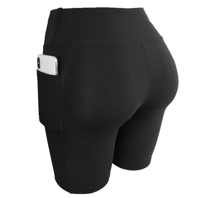 high waist sports shorts with side pocket ,Side Pocket Hip High Waist