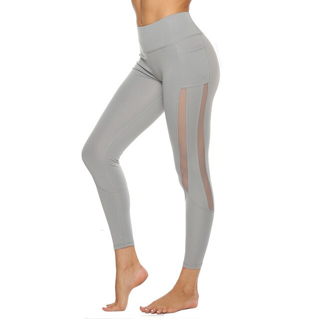 Pocket Yoga Pants High Waist Women Mesh Hollow Out Leggings Gym Running Workout Leggins Sport Fitness Sports Wear