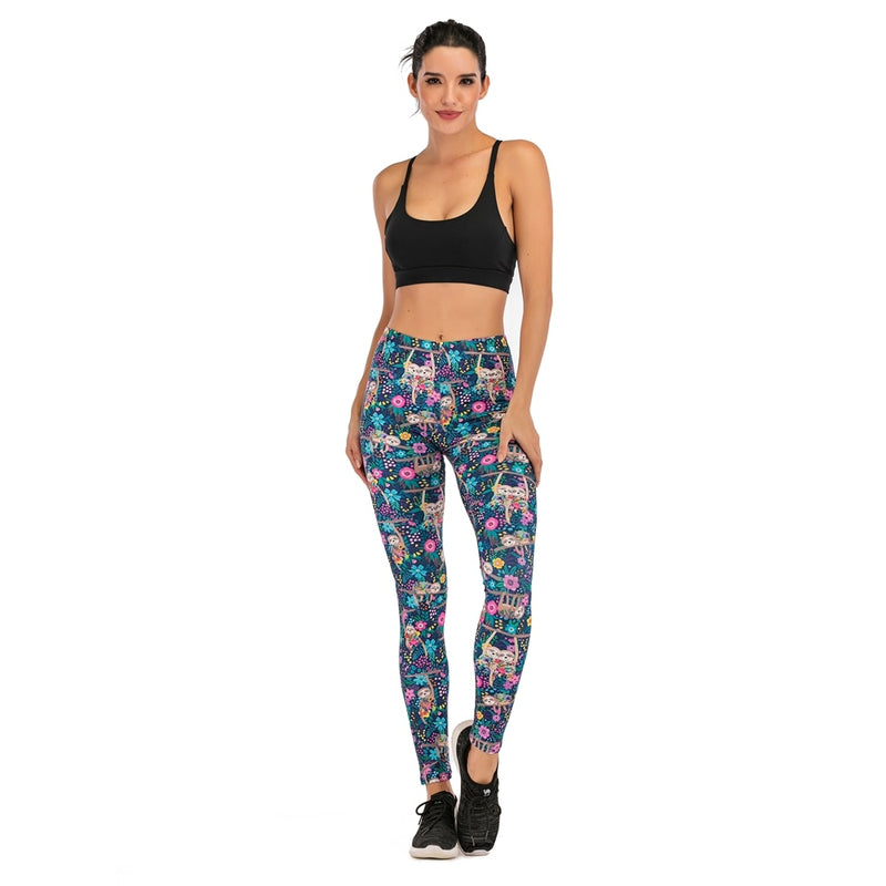 Flor sloth Printing Leggings Slim High Waist