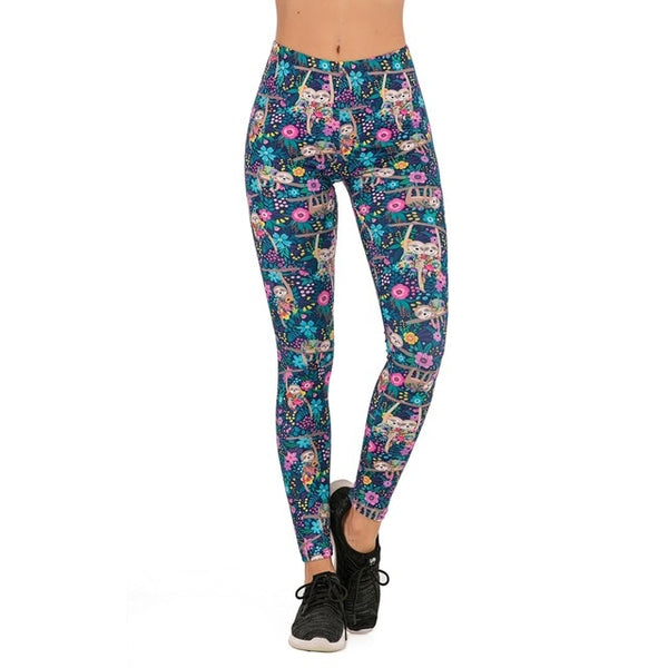 Flower sloth Printing Leggings Slim High Waist 