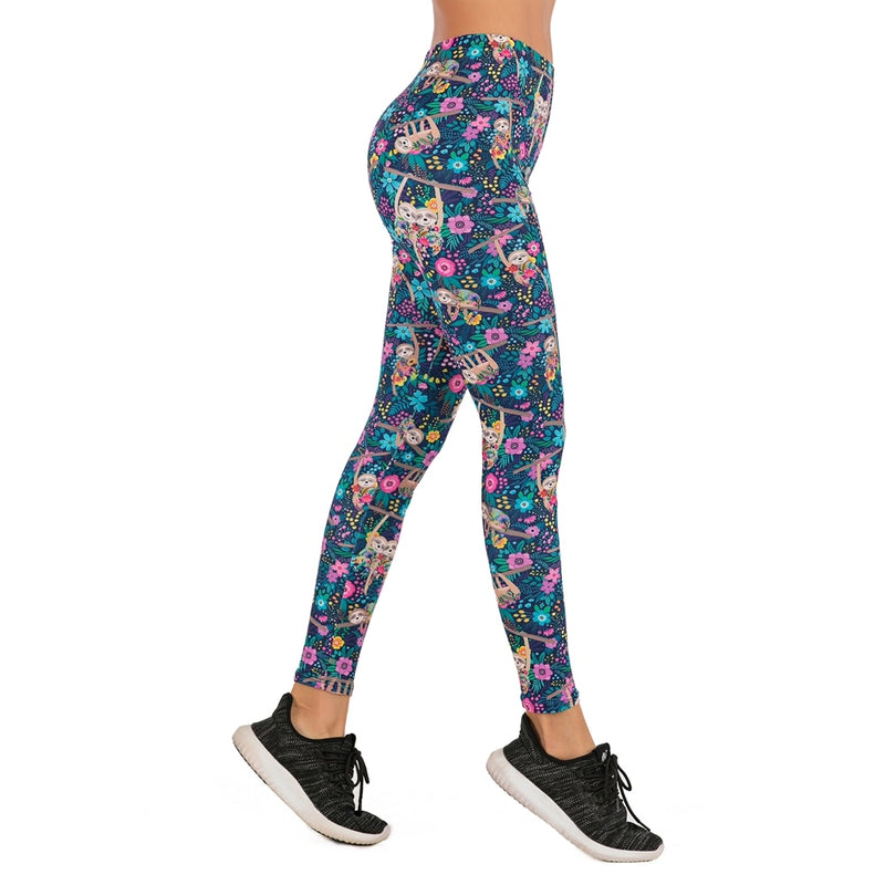 Flor sloth Printing Leggings Slim High Waist