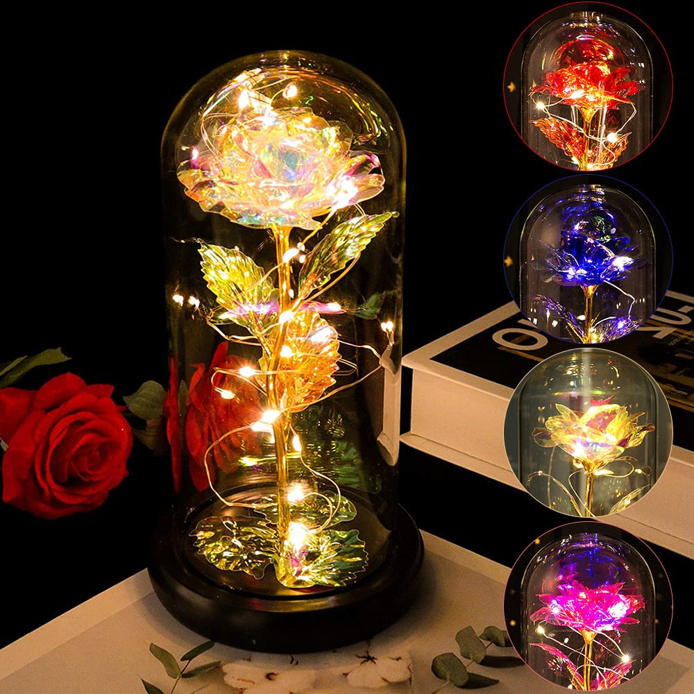 Rose LED Light Beauty The eterna artificial Luz LED Belleza en vidrio Flor de lámina dorada Regalo de Navidad/San Valentín