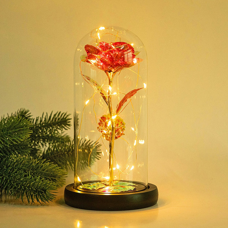 Rose LED Light Beauty The Beast.Rosa eterna artificial Luz LED Belleza  en vidrio Flor de lámina dorada Regalo de Navidad/San Valentín