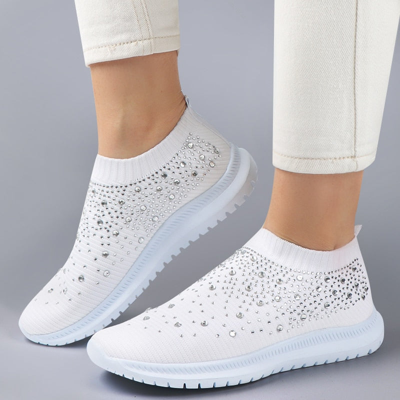 Knitted platform Sneakers Ladies Slip-on Sock Shoes Sparkly Crystal Zapatillas Mujer Casual