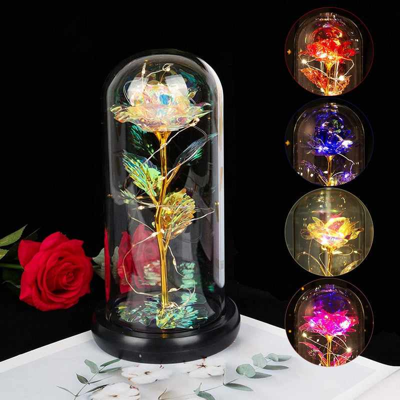 Rose LED Light Beauty The Beast.Rosa eterna artificial Luz LED Belleza  en vidrio Flor de lámina dorada Regalo de Navidad/San Valentín