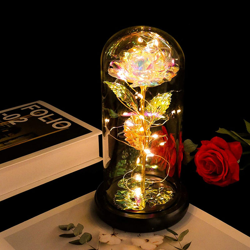 Rose LED Light Beauty The Beast.Rosa eterna artificial Luz LED Belleza  en vidrio Flor de lámina dorada Regalo de Navidad/San Valentín