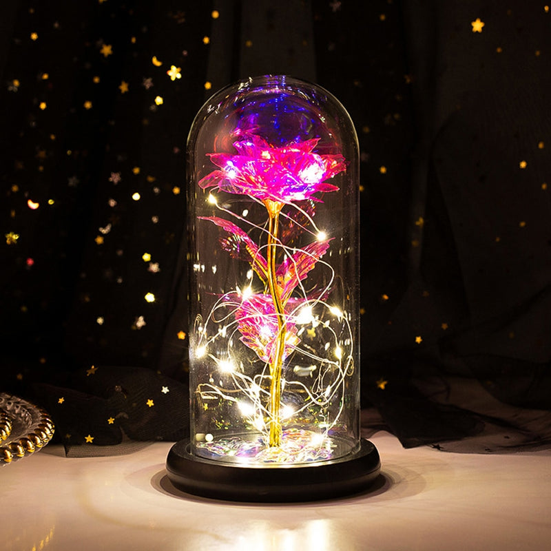 Rose LED Light Beauty The Beast.Rosa eterna artificial Luz LED Belleza  en vidrio Flor de lámina dorada Regalo de Navidad/San Valentín
