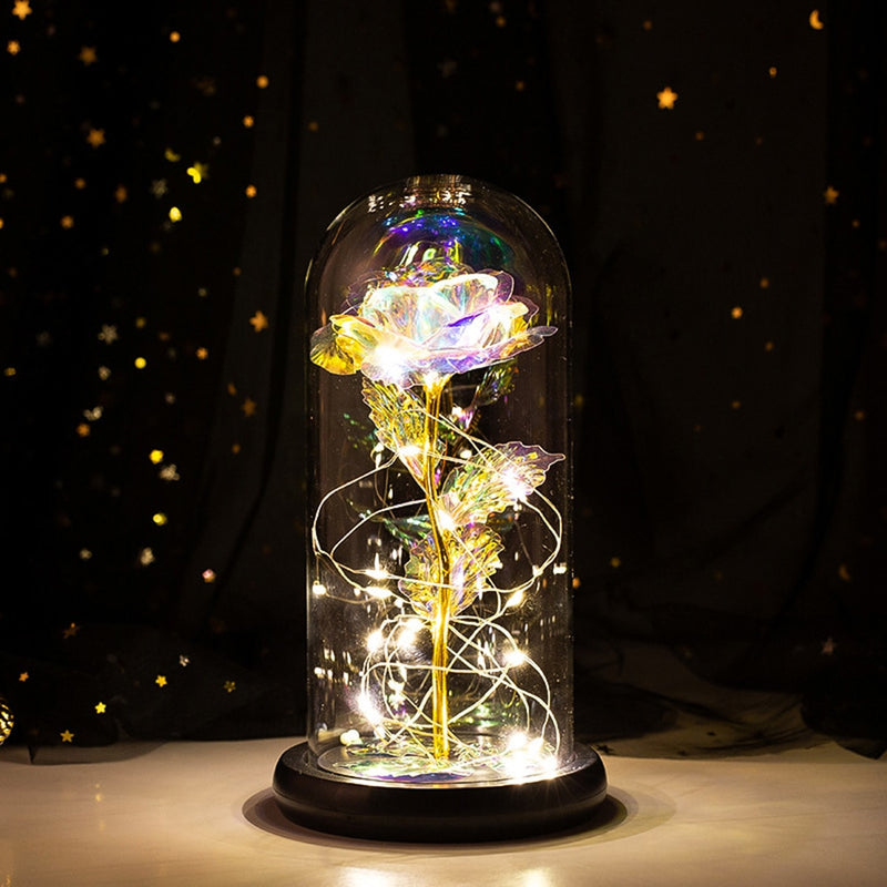 Rose LED Light Beauty The Beast.Rosa eterna artificial Luz LED Belleza  en vidrio Flor de lámina dorada Regalo de Navidad/San Valentín