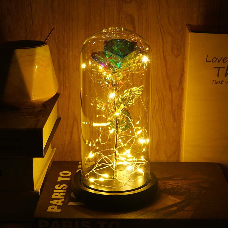 Rose LED Light Beauty The Beast.Rosa eterna artificial Luz LED Belleza  en vidrio Flor de lámina dorada Regalo de Navidad/San Valentín