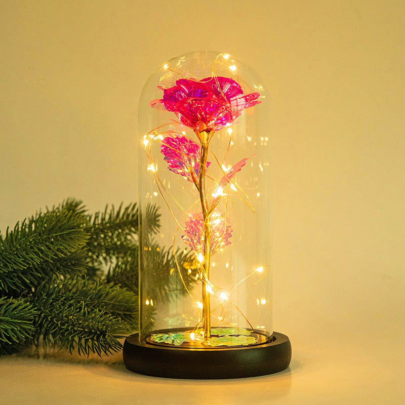 Rose LED Light Beauty The Beast.Rosa eterna artificial Luz LED Belleza  en vidrio Flor de lámina dorada Regalo de Navidad/San Valentín