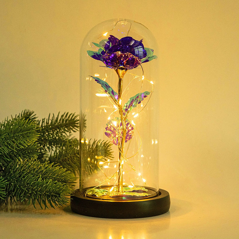 Rose LED Light Beauty The Beast.Rosa eterna artificial Luz LED Belleza  en vidrio Flor de lámina dorada Regalo de Navidad/San Valentín