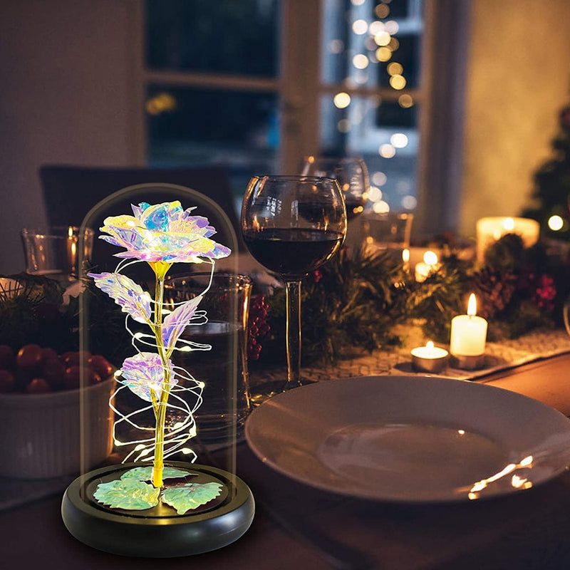 Rose LED Light Beauty The Beast.Rosa eterna artificial Luz LED Belleza  en vidrio Flor de lámina dorada Regalo de Navidad/San Valentín