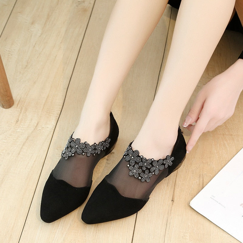 Sandals for Women 2021 Fashion Rhinestone Sandals Women Flowers Low Heel Sandals Women Mesh Plus Size Sandals Sandalias de diamantes para Mujer 2021