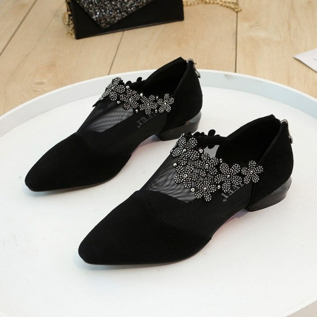 Sandals for Women 2021 Fashion Rhinestone Sandals Women Flowers Low Heel Sandals Women Mesh Plus Size Sandals Sandalias de diamantes para Mujer 2021
