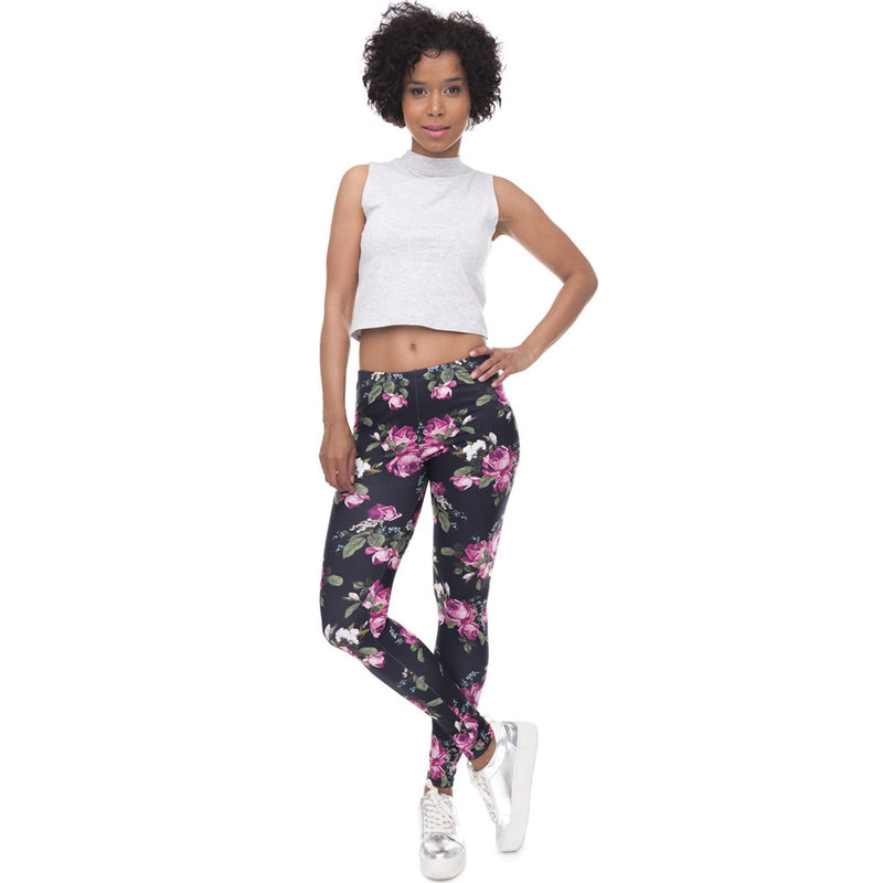 New Women Leggings Retro Roses Printing Fitness legging Elegant Sexy Elasticity Leggins High Waist Legins Trouser Pants