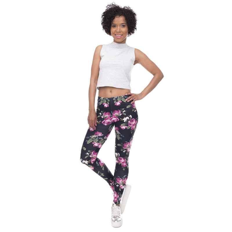 New Women Leggings Retro Roses Printing Fitness legging Elegant Sexy Elasticity Leggins High Waist Legins Trouser Pants