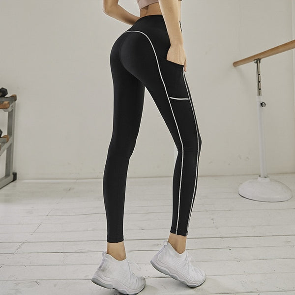 pantalones de mujer con bolsillos , women yoga pants with pockets running dancing workout for gym fitness high waist sport leggings fashion trousers